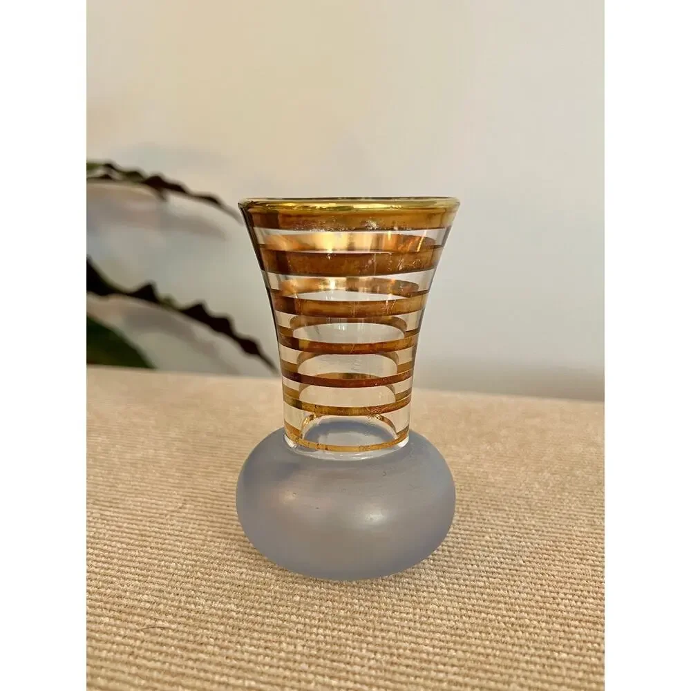 Vintage Glass Vases Pair Hollywood Regency Gold Stripe Pink Blue Mid Century